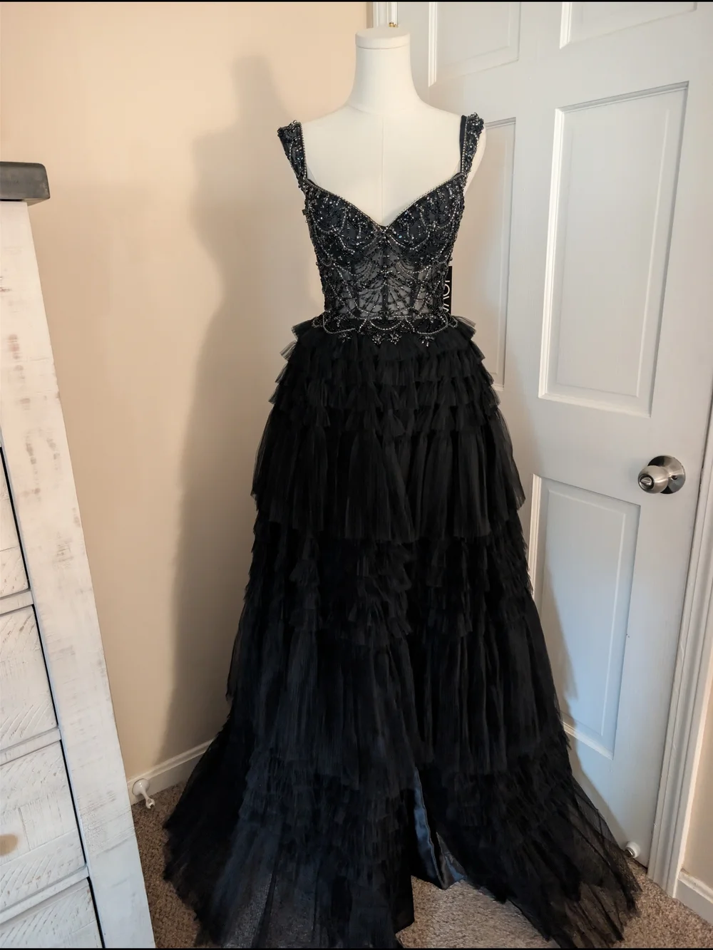Jovani Black Beaded Corset Tulle Ruffled Ball Gown Prom Dress 0